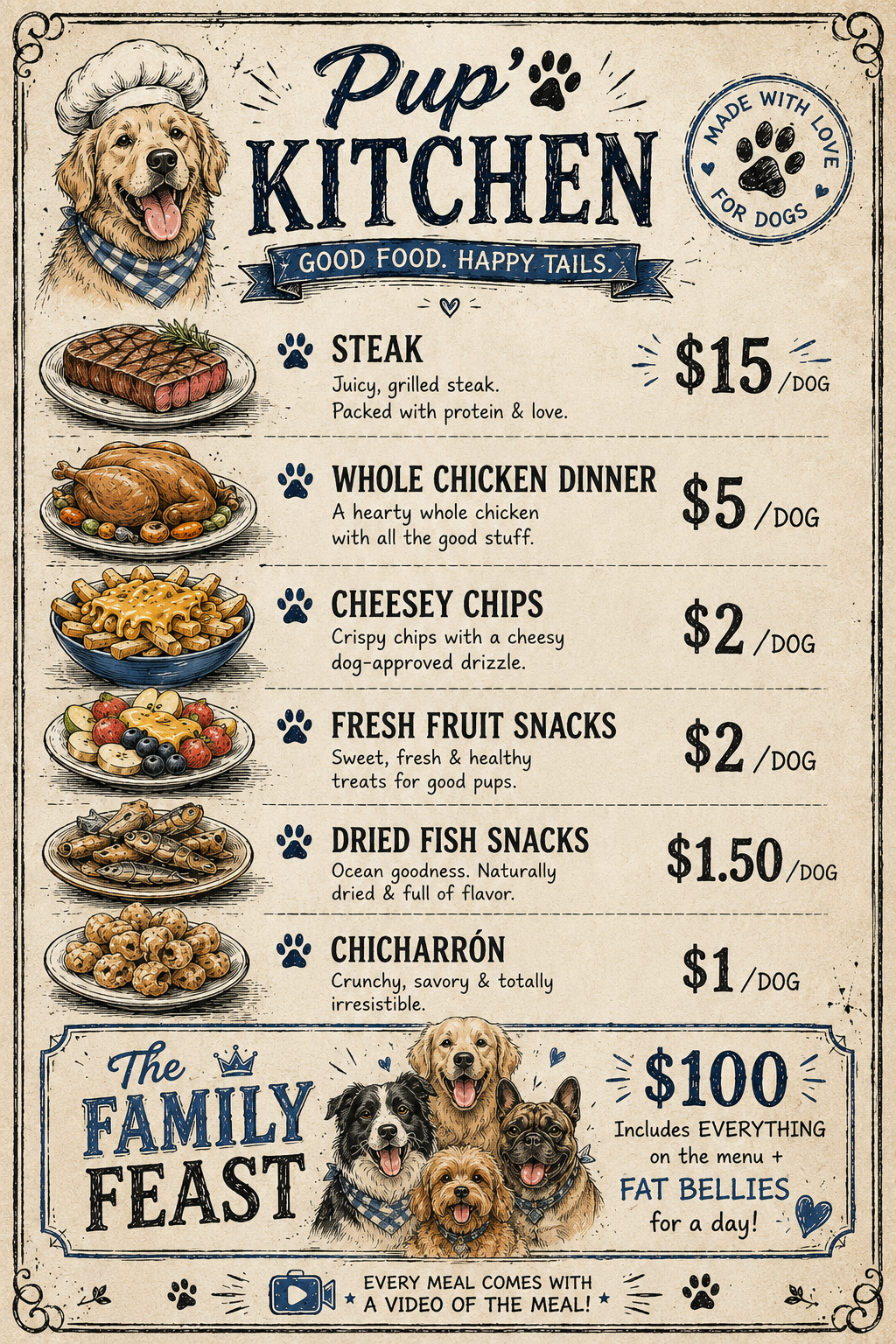 Pup' Kitchen menu — Steak $15, Whole Chicken Dinner $5, Cheesey Chips $2, Fresh Fruit Snacks $2, Dried Fish Snacks $1.50, Chicharrón $1, The Family Feast $100